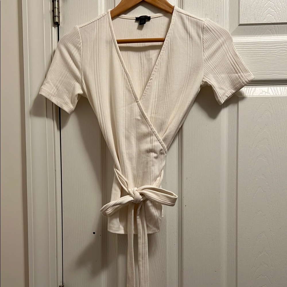 Ann Taylor Ivory Ribbed Wrap Top with Tie